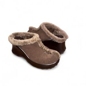 Y2K Nine West Brown Suede Platform Clogs with Faux Fur Lining